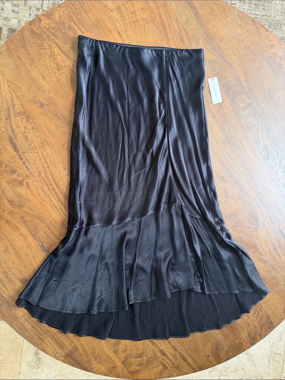 Anthropologie Black Satin High-Low Ruffle Skirt Sz M Elastic Waistband